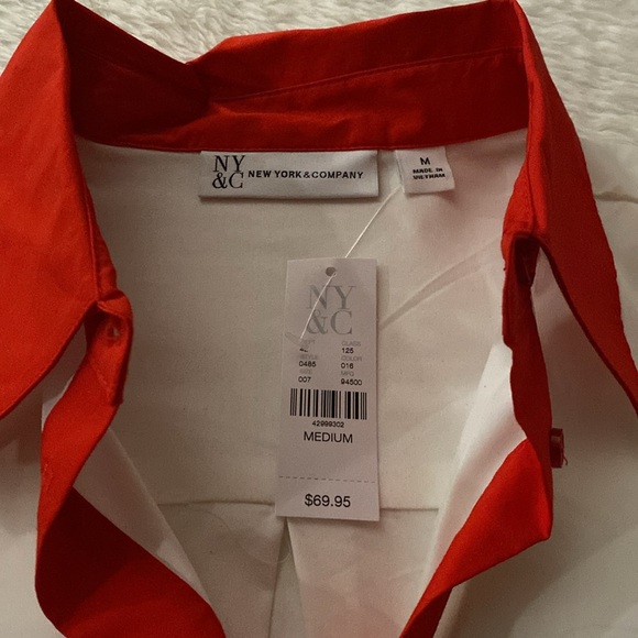 NWT NEW YORK & Co. White button down Tunic Shirt Red Yellow & Blue Cuffs Sz M - Picture 14 of 16